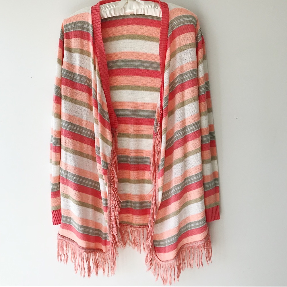 Open front fringe western southwest long cardigan peach stripe printed Sz XS
